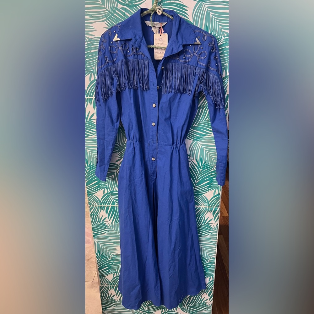 Vintage Lilia Smitty blue cotton western dress w/fringe scrollwork detail sz M